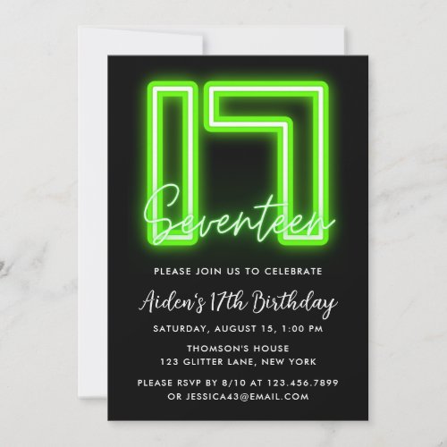 Neon Green 17th Birthday Invitation