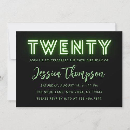 Neon Green 20th Birthday Invitation