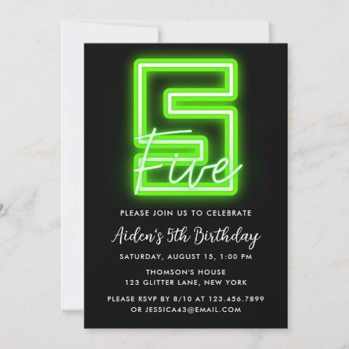 Neon Green 5th Birthday Invitation
