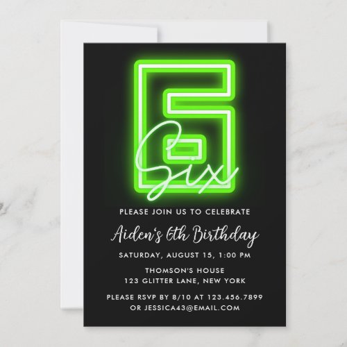 Neon Green 6th Birthday Invitation