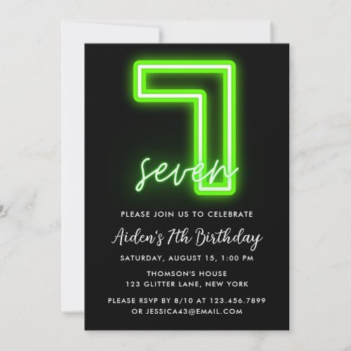 Neon Green 7th Birthday Invitation