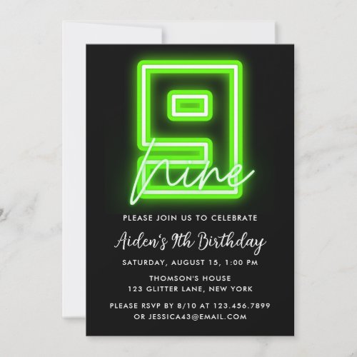 Neon Green 9th Birthday Invitation