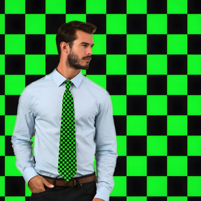 Neon Green and Black Checkerboard Necktie (Man wearing Neon Green and Black Checkerboard Necktie.)