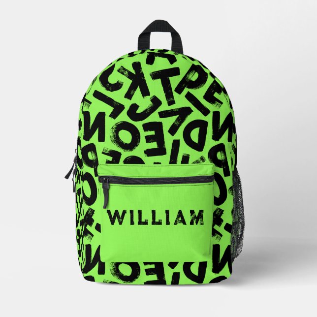 Neon Green and Black Grunge Graffiti Letters Cool Printed Backpack (Front)