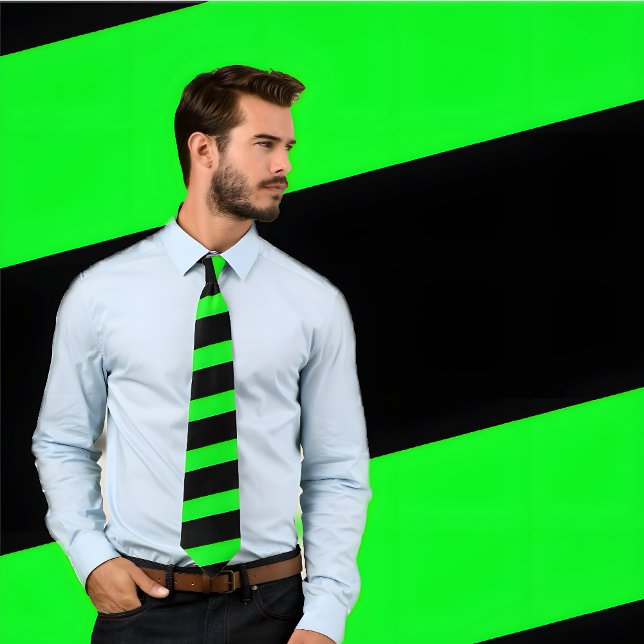 Neon Green and Black Striped Tie (Thick Stripes) (Man wears neon green and black striped tie. He stands against green and black striped background.)