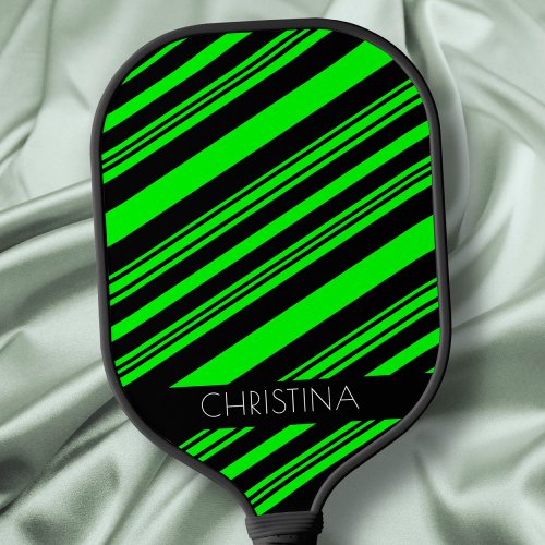 Neon Green and Black Stripes Modern Custom Name Pickleball Paddle