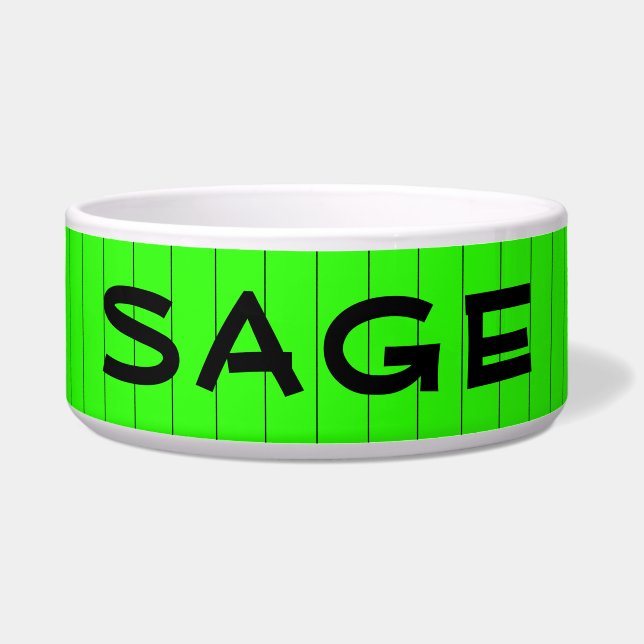 Neon Green and Black Thin Striped Name Cat Dog Bowl (Front)