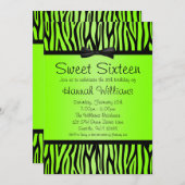 Neon Green and Black Zebra Bow Sweet 16 Birthday Invitation (Front/Back)