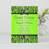 Neon Green and Black Zebra Bow Sweet 16 Birthday Invitation (Standing Front)