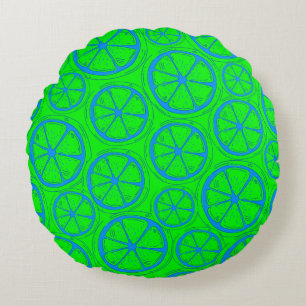 Neon Green and Blue Lemon Retro Spring & Summer Round Pillow