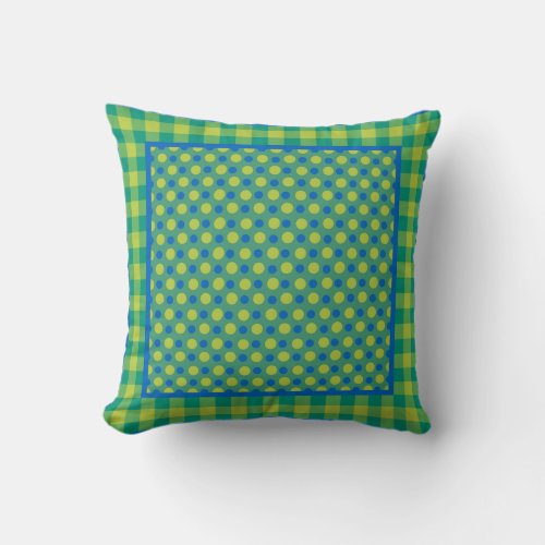 Neon Green and Blue Polka Dots and Check Gingham Throw Pillow