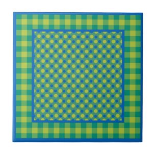 Neon Green and Blue Polka Dots on Emerald, Checks Ceramic Tile