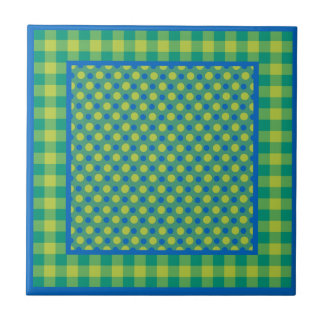 Neon Green and Blue Polka Dots on Emerald, Checks Ceramic Tile