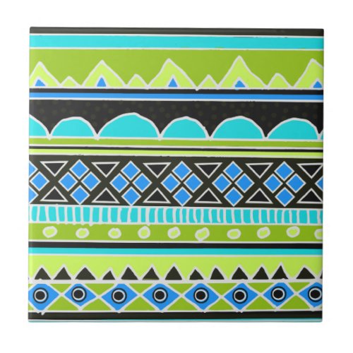 Neon Green and blue tribal pattern Ceramic Tile