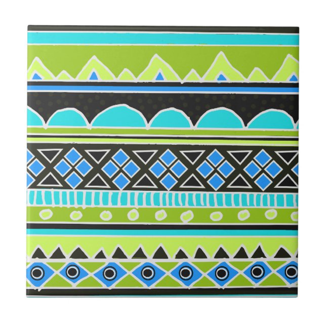 Neon Green and blue tribal pattern Ceramic Tile (Front)