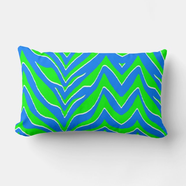 Neon Green and Blue Zebra Stripes Lumbar Pillow (Front)
