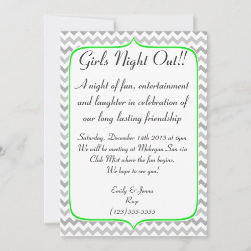 Neon Green and Grey Chevron Girls Night Out Personalized Invitations