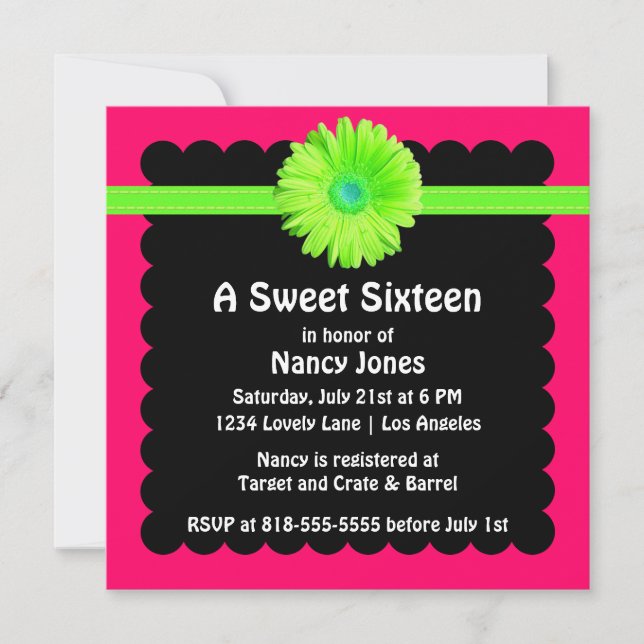 Neon Green and Pink Sweet Sixteen Invitation (Front)