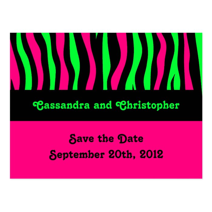 Neon green and pink zebra save the date wedding post card