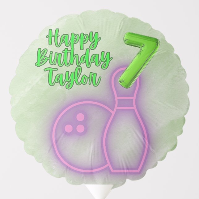 Neon Green and Purple Kids Bowling Birthday Party Balloon (Front)
