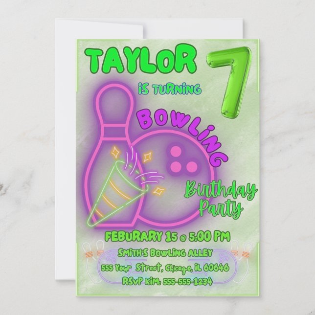 Neon Green and Purple Kids Bowling Birthday Party Invitation (Front)