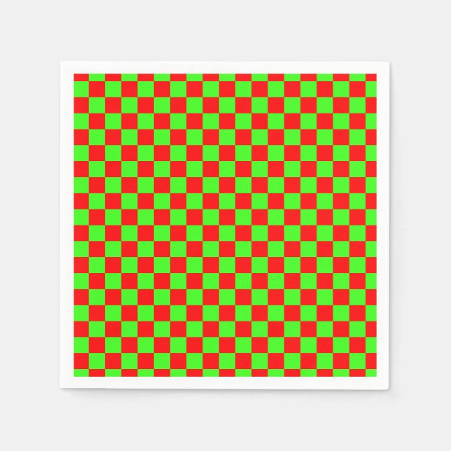 Neon Green and Red Checkered Checkerboard Vintage Napkins (Front)