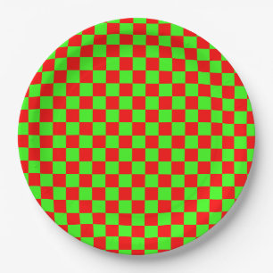 Neon Green and Red Checkered Checkerboard Vintage Paper Plates