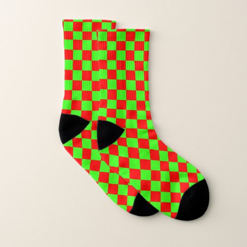 Neon Green and Red Checkered Checkerboard Vintage Socks