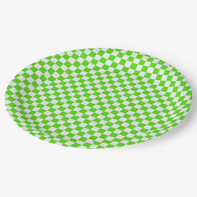 Neon Green and White Checkered Paper Plates (Angled)