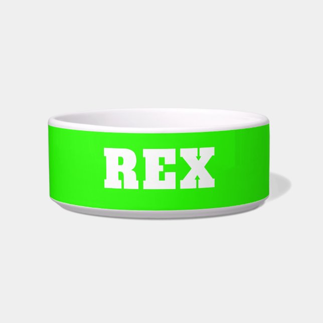 Neon Green and White Modern Name Pet Bowl (Front)