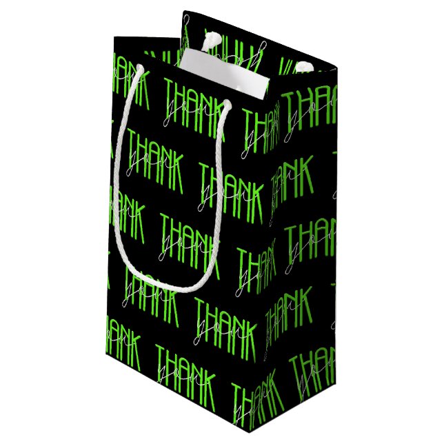neon green and white thank you small gift bag (Back Angled)