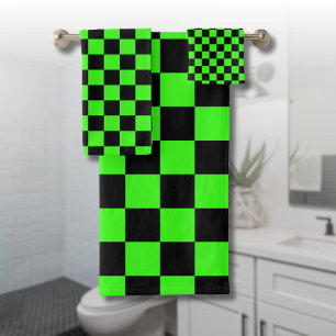 Neon Green Black Checkered Checkerboard Vintage Bath Towel Set