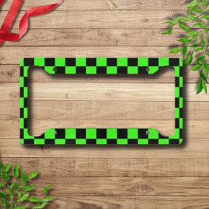 Neon Green Black Checkered Checkerboard Vintage License Plate Frame