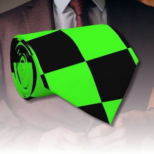 Neon Green Black Checkered Checkerboard Vintage Neck Tie