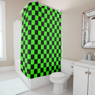 Neon Green Black Checkered Checkerboard Vintage Shower Curtain