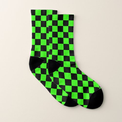Neon Green Black Checkered Checkerboard Vintage Socks