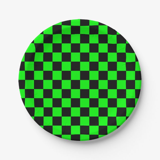 Neon green black checkers paper plates (Front)