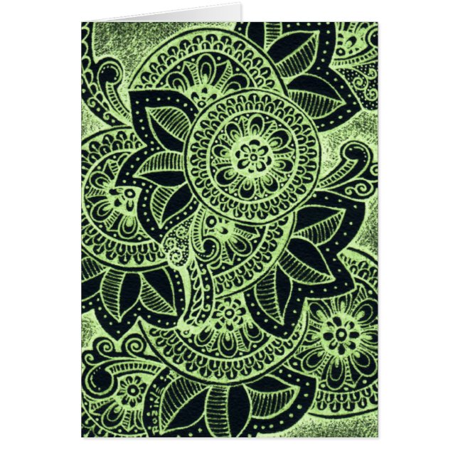 Neon Green Black Damask India Mandala Blank Inside Cards (Front)