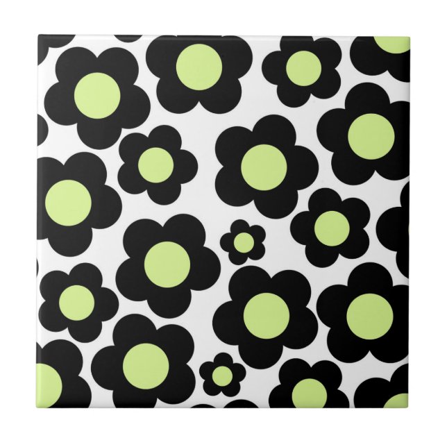 Neon Green Black Flower Ceramic Tile (Front)