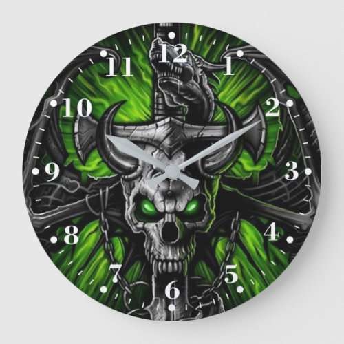 Neon Green Black Gothic Skull Winged Monster Large Clock