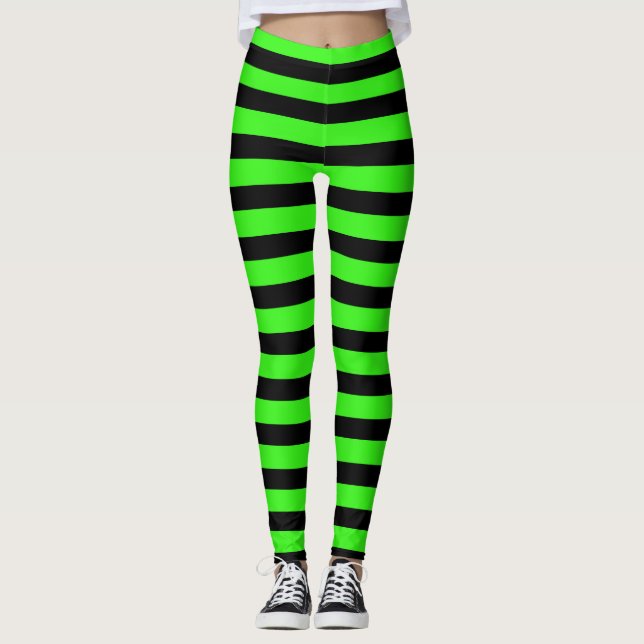 Neon Green & Black Halloween Stripes Witch Costume Leggings (Front)