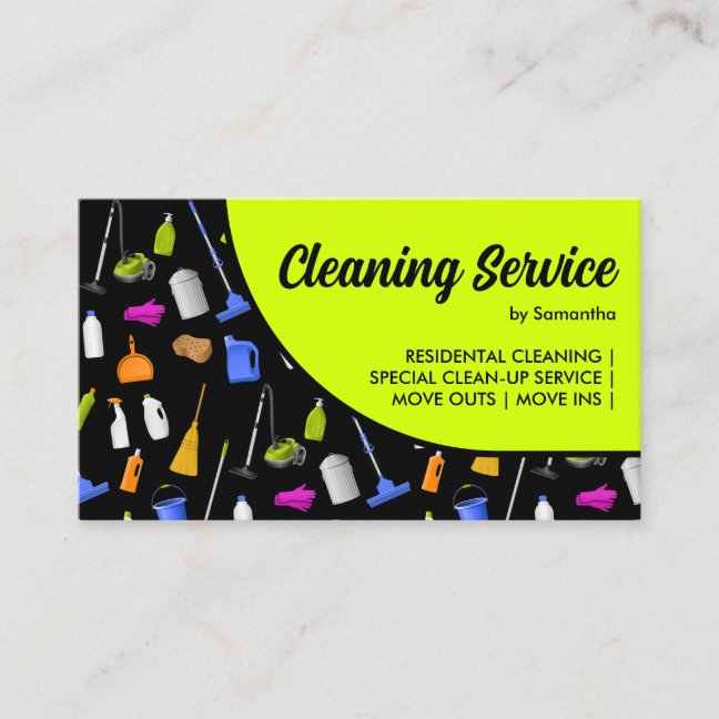 Neon Green Black Modern House Cleaning Service Business Card
