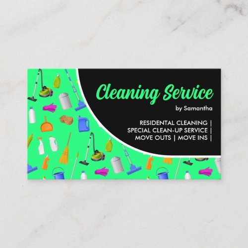 Neon Green Black Modern House Cleaning Service Business Card