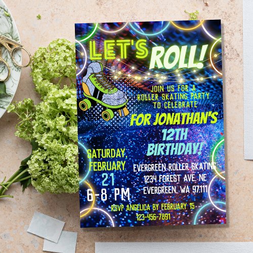 Neon Green Blue Boy Lets Roll Roller Skating Party Invitation