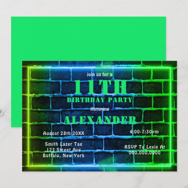 Neon Green Blue Brick 11th Birthday Party Invite (Front/Back)