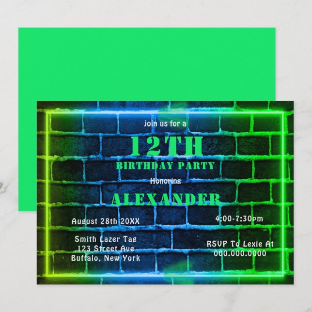 Neon Green Blue Brick 12th Birthday Party Invite (Front/Back)