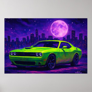 Neon Green Car Under Purple Sky Poster