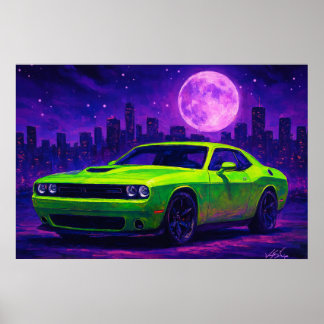 Neon Green Car Under Purple Sky Poster