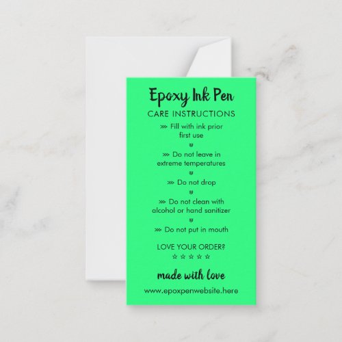 Neon Green Care Instructions for Epoxy Pen Note Card