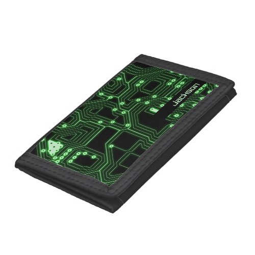 Neon Green Circuit Board  Personalized Trifold Wallet